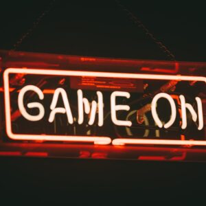 red and white Game On LED signage